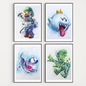 Luigi&#39;s Mansion Ballpoint Pen Print Set, Super Mario Artwork, Video Game Artwork, Nintendo Posters, Luigi&#39;s Mansion Artwork, Gamer Room Art