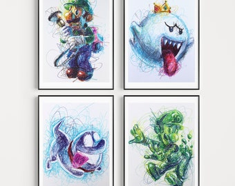 Luigi's Mansion Ballpoint Pen Print Set, Super Mario Artwork, Video Game Artwork, Nintendo Posters, Luigi's Mansion Artwork, Gamer Room Art