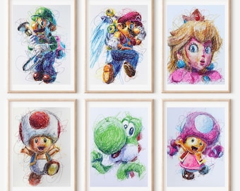 マリオの水彩画アートプリント、ビデオゲームオタク向けインテリア
