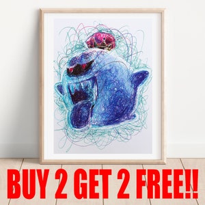 Scary King Boo Ballpoint Pen Print, Buy 2 Get 2 FREE, Luigi&#39;s Mansion Artwork, Gamecube Art Poster, Nintendo Artwork, Game Room Print