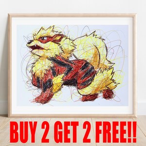 Arcanine Kugelschreiber Art Print, BUY 2 GET 2 GRATIS, Poke Rot und Blau Kunstwerk, Nintendo Kunstdruck, Retro Videospiele, Gameboy Kunst, Dekor