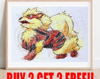 Arcanine Kugelschreiber Art Print, BUY 2 GET 2 GRATIS, Poke Rot und Blau Kunstwerk, Nintendo Kunstdruck, Retro Videospiele, Gameboy Kunst, Dekor