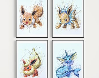 Juego de impresiones con bolígrafo de las evoluciones clásicas de Eevee, ilustraciones de Poke, impresiones artísticas de Eeveelutions, ilustraciones de anime, pósteres artísticos de Nintendo, videojuegos