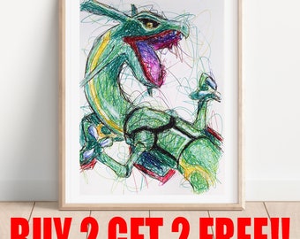 May include: A green, yellow, and red cartoon dragon with a large open mouth is drawn in a scribble style with colored pens. The dragon is drawn on a white background.