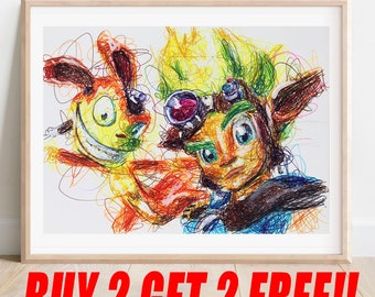 Jak and Daxter Ballpoint Pen Print, Buy 2 Get 2 FREE, Play Station Artwork, PS2 Poster, Video Game Art, Hand Signed, Game Room Poster