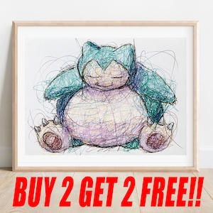 Snorlax Ballpoint Pen Print, Buy 2 Get 2 FREE, Poke Art Poster, Nintendo Artwork, Video Game Art, Game Room Decor, Fanart Illustration