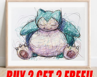 Snorlax Ballpoint Pen Print, Buy 2 Get 2 FREE, Poke Art Poster, Nintendo Artwork, Video Game Art, Game Room Decor, Fanart Illustration