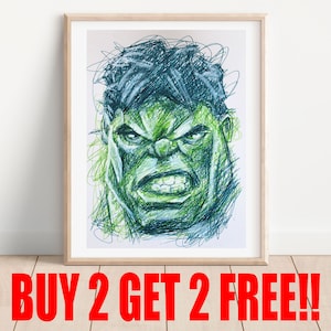 Hulk Kugelschreiber Druck, kaufen Sie 2 bekommen 2 GRATIS, Avengers Art Poster, Super Hero Art Print, Comic Buch Kunstwerk, Kunst Wand Dekor