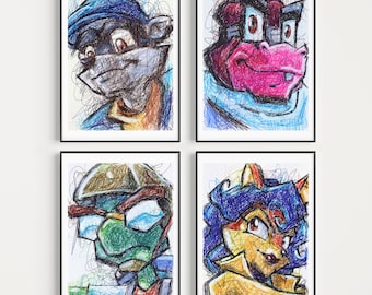 Peut inclure: Quatre impressions d'art encadrées présentant des portraits griffonnés colorés de personnages de dessins animés. Chaque impression met en valeur un personnage différent avec des traits distinctifs et des teintes vives, sur fond blanc.