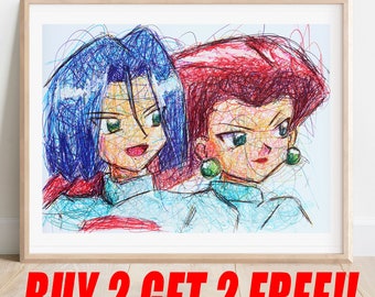 Impression au stylo à bille Team Rocket, 2 achetés, 2 offerts, affiche d'art Poke, oeuvre de jeu vidéo, impression d'art anime, art rouge et bleu Poke
