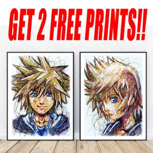 Sora and Roxas Ballpoint Pen Print Set, GET 2 FREE PRINTS, Kingdom Hearts Art Print, Video Game Artwork, Play Station 2 Art Print, Smash Bro