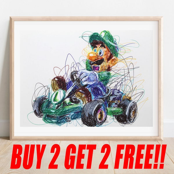 Luigi Kart Ballpoint Pen Print, Buy 2 Get 2 FREE, Mario Kart Art Poster, Video Game Art, Nintendo Artwork, Double Dash Art, Game Room Art