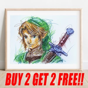 May include: A hand-drawn illustration of Link from The Legend of Zelda video game series. The image is created using a variety of coloured lines and depicts Link with his sword and green tunic.
