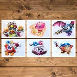 Kirby Ballpoint Pen Print Set, High Quality, Video Game Art, Nintendo Art, Kirby and The Forgotten Land, Super Mario Art, Metaknight Art