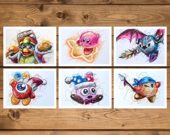 Kirby Ballpoint Pen Print Set, High Quality, Video Game Art, Nintendo Art, Kirby and The Forgotten Land, Super Mario Art, Metaknight Art