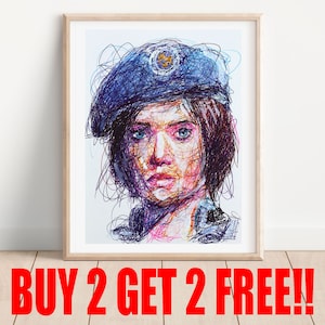 Jill Valentine Ballpoint Pen Print, Buy 2 Get 2 FREE, Resident Evil Art Poster, Video Game Art, Play Station Art, Nintendo Art Print