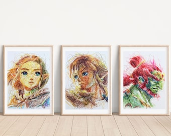 Tears of the Kingdom Kugelschreiber Print Set, Legend of Zelda Kunstposter, Nintendo Kunstwerk, Videospielkunst, Gamerzimmerdekor, Link fanart
