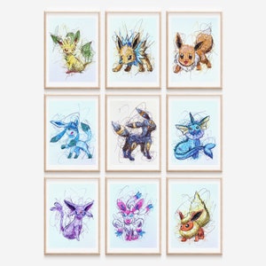 Ensemble complet d'impressions stylos à bille Eeveelution, oeuvres d'art du jeu vidéo, impression d'art Poke, décoration de salle de gamer, dessin de fan d'anime, tirages d'art Nintendo