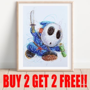 Ninja Shy Guy Ballpoint Pen Print, BUY 2 GET 2 FREE, Super Mario Art, Video Game Art, Gamer Room Decor, Ballpoint Pen Art, Retro