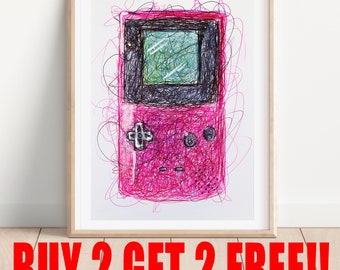 Gameboy Magenta Ballpoint Pen Print, Gameboy Color Art, Video Game Artwork, Nintendo Art Poster, Super Mario Artwork, Gamer Room Decor