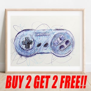 May include: A hand-drawn illustration of a blue and purple Nintendo Super Nintendo Entertainment System (SNES) controller. The controller is drawn with a scribbled style, with lines and swirls around the controller.