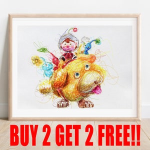 Oatchi Ballpoint Pen Print, Buy 2 Get 2 FREE, Pikmin 4 Art Poster, Nintendo Art Print, Gamer Room Decor, Video Game Artwork, Pikmin Art