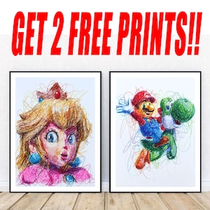 Princess Peach and Mario Ballpoint Pen Print Set, GET 2 FREE PRINTS, Super Mario Art, Video Game Artwork, Nintendo Fanart, Mario Movie Art