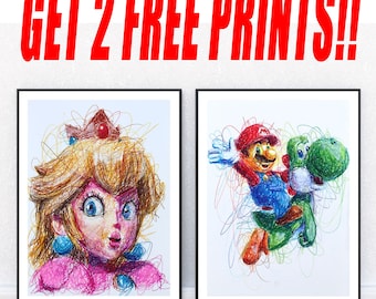 Princess Peach and Mario Ballpoint Pen Print Set, GET 2 FREE PRINTS, Super Mario Art, Video Game Artwork, Nintendo Fanart, Mario Movie Art