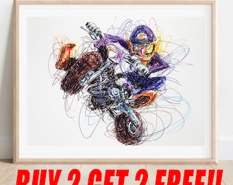 Waluigi Kart Ballpoint Pen Print, Buy 2 Get 2 FREE, Mario Kart Poster, Nintendo Artwork, Video Game Art, Game Room Art, Double Dash Print