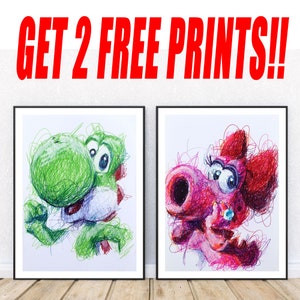 Yoshi and Birdo Ballpoint Pen Print Set, GET 2 FREE PRINTS, Nintendo Fanart, Super Mario Art, Video Game Artwork, Game Room Decor, Fanart