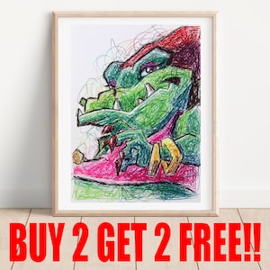 Może przedstawiać: Kolorowy, abstrakcyjny rysunek zielonego krokodyla w czerwonym kapeluszu. Rysunek wykonany jest w stylu bazgrołów z użyciem różnych kolorów, w tym zielonego, czerwonego, różowego i żółtego.