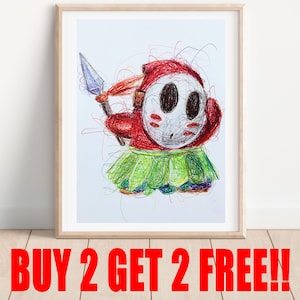 Tiki Shy Guy Ballpoint Pen Print, Paper Mario Art, Gamer Room Art, Nintendo Posters, Video Game Art, Mario Kart Art