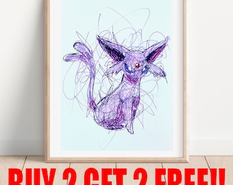 Impresión de bolígrafo Espeon, compra 2 y llévate 2 GRATIS, arte de fan de Poke, arte de videojuegos, impresión de arte de anime, arte para habitación de gamer, decoración de pared de Poke