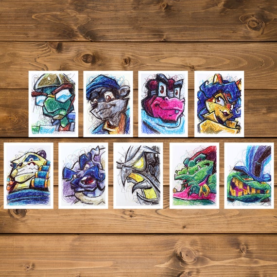 COMPLETE Sly Cooper Ballpoint Pen Print Set, Video Game Art, PS2