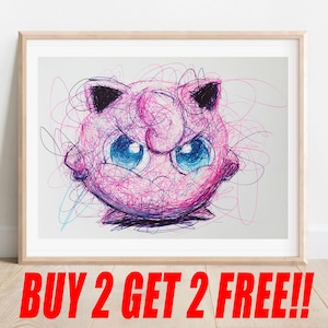 Jiggly Puff Ballpoint Pen Print, Buy 2 Get 2 FREE, Poke Art Poster, Video Game Art, Nintendo Art, Game Room Artwork, Fanart
