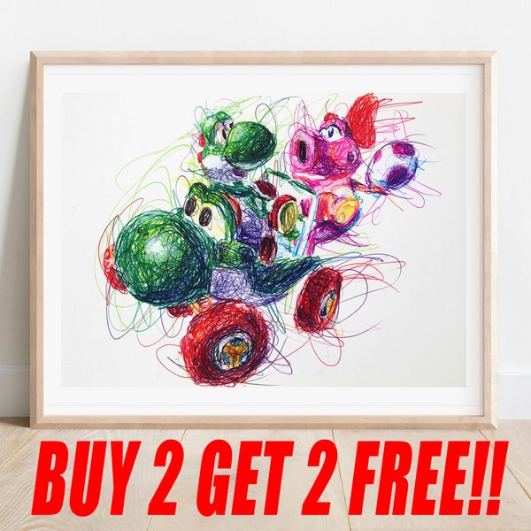 Yoshi and Birdo Kart Ballpoint Pen Print, Buy 2 Get 2 FREE, Mario Kart Poster, Video Game Art, Game Room Decor, Nintendo Art, Double Dash