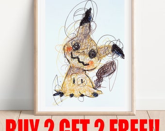 Impression au stylo à bille Mimikyu, 2 achats offerts, 2 produits offerts, oeuvre d'art Poke de fan, oeuvres d'art de jeu vidéo, affiche d'art Nintendo, oeuvre d'art de la salle de jeu, affiche d'art Poke