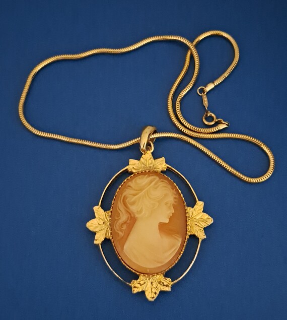 Monet Cameo Necklace 14K Platted Gold Snake Chain… - image 3
