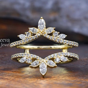 Vintage Tiara Moissanite Double Curved Wedding Band Solid Gold Moissanite Ring Enhancer Stacking Promise Custom Wedding Rings For Women