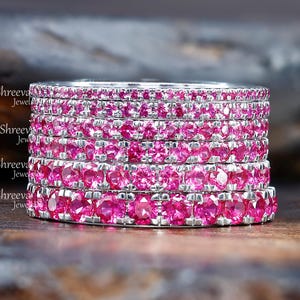 Natural Pink Full Eternity Wedding Band For Women 14K White Gold Birthstone Micro Pave Sapphire Band Dainty Stackable Matching Wedding Band
