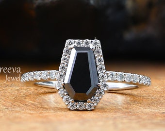 1.50 CT Coffin Cut Black Moissanite Ring Halo Engagement Ring Unique Wedding Ring Black Coffin Ring For Anniversary Gift 14K White Gold Ring