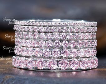 Light Pink Sapphire Full Eternity Ring 14k 18k Wedding Stacking Band Birthstone Micro Pave Sapphire Ring Dainty Stacking Matching Women Band