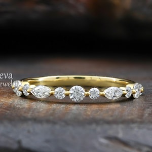 Alternating Round and Marquise Moissanite Wedding Band 14K Half Eternity Band Dainty Stacking Ring Unique Marquise Wedding Band For Women