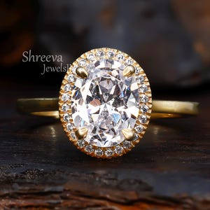 2CT Oval Cut Moissanite Halo Engagement Ring 14K Gold Halo Bridal Ring, Classic Certified Diamond Ring For Wedding, Vintage Big Promise Ring