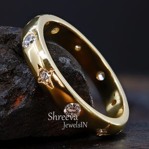 Flush Set Wedding Band Round Moissanite Band 14K Solid Gold Scattered Wedding Band Women Matching Stacking Band Anniversary Gift For Her