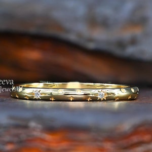 Vintage Starburst Wedding Band For Her 14K Solid Gold Diamond Starburst Wedding Band Celestial Lab Diamond Dainty Stackable Round Dome Ring