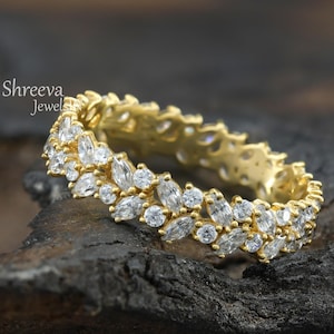 Vintage Style Full Eternity Marquise Moissanite Band Marquise and Round Wedding Band Art Deco Matching Band 14K Solid Gold Stacking Ring