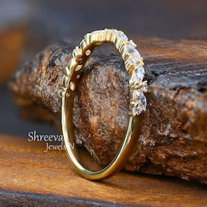 Unique Marquise And Round Moissanite Notched Wedding Band 10K/14K Gold Band Matching Stacking Half Eternity Wedding Band Women Gift For Her