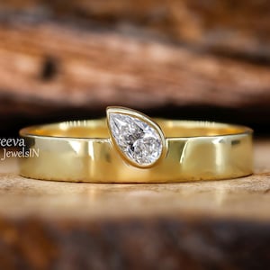 Pear Moissanite Cigar Ring 14K Solid Gold Wide Band Ring Thick Engagement Ring Chunky Unisex Ring Unique Pear Cut Statement Ring