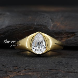 1.50CT Pear Moissanite Diamond Signet Ring Pear Shaped Pinky Ring Bezel Set Engagement Ring Teardrop Diamond Ring Promise Ring For Her